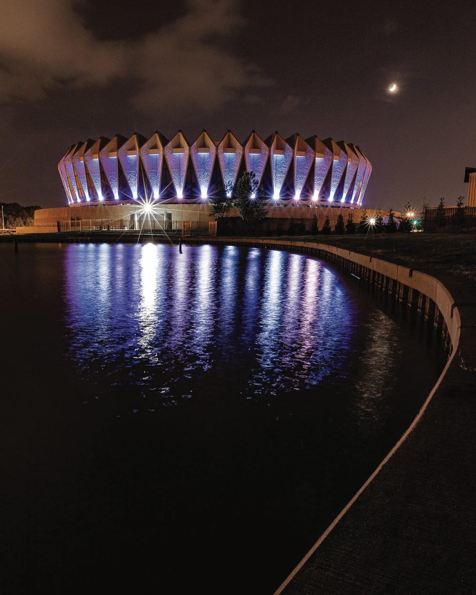 Hampton Coliseum with blue lights for Virginia Beach tragedy