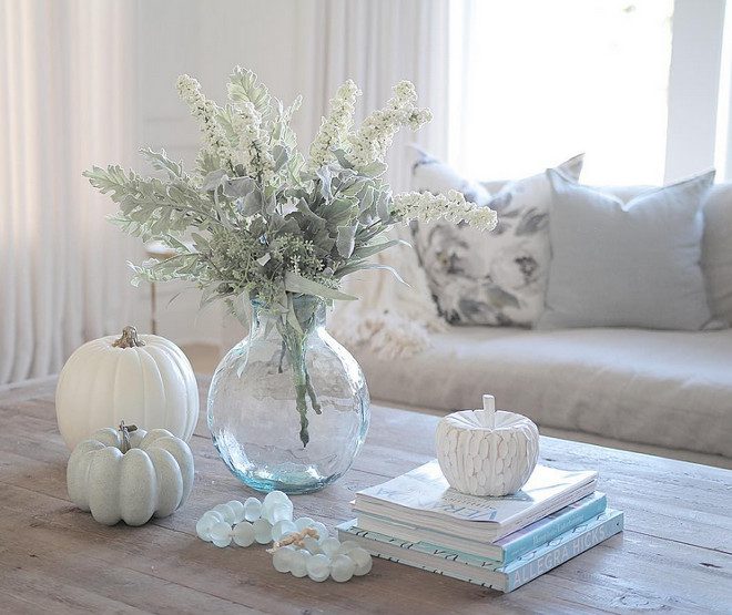 White coffee table pumkin fall home decor, coastal home decor